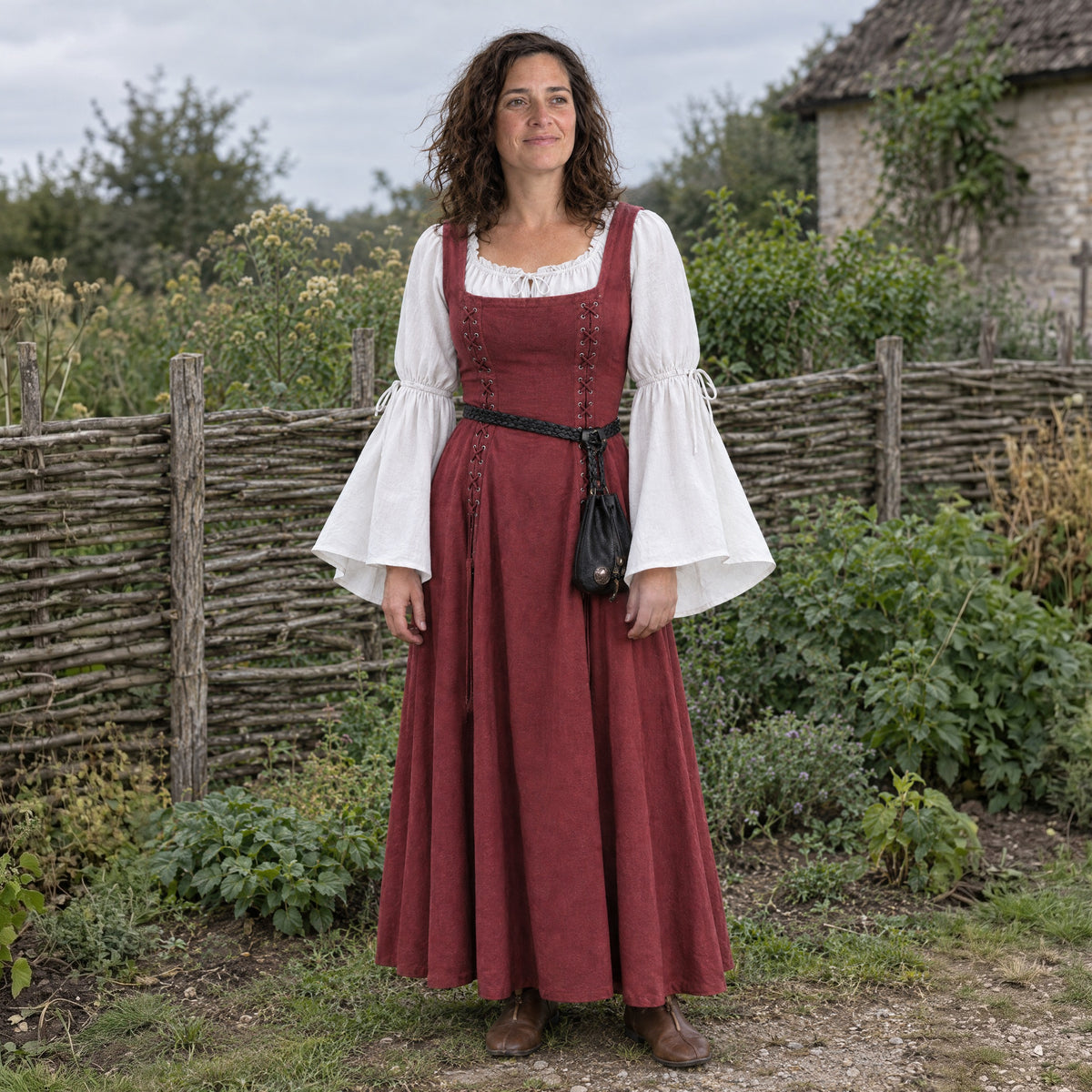 Square-Neck Lace-Up Renaissance Dress in a complete renaissance outfit, worn by a woman outdoors
