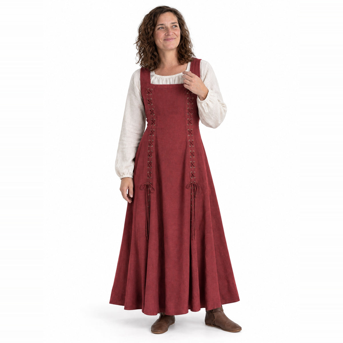 Red square-neck lace-up renaissance dress worn by a model on a white background