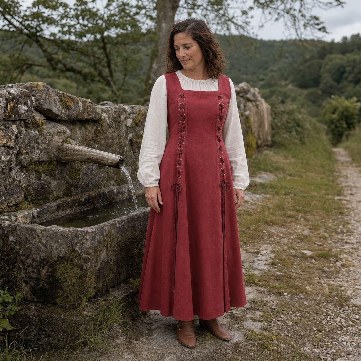 Red square-neck Renaissance dress, three-quarter view of the front lacing