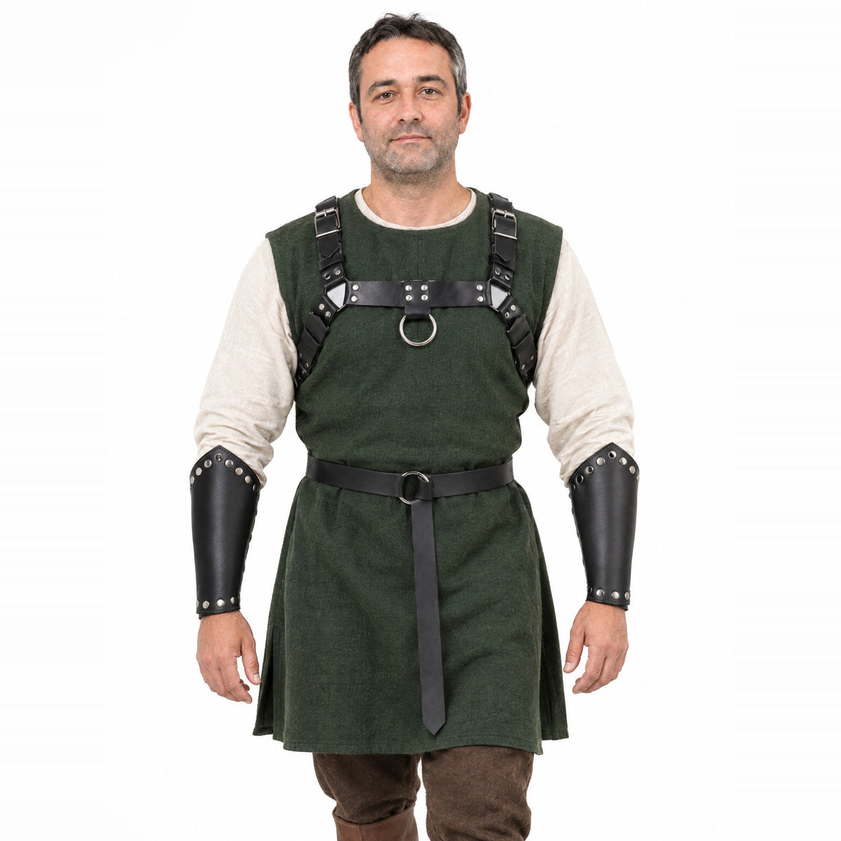 Black chest strap set with belt and bracers worn by a model on a white background