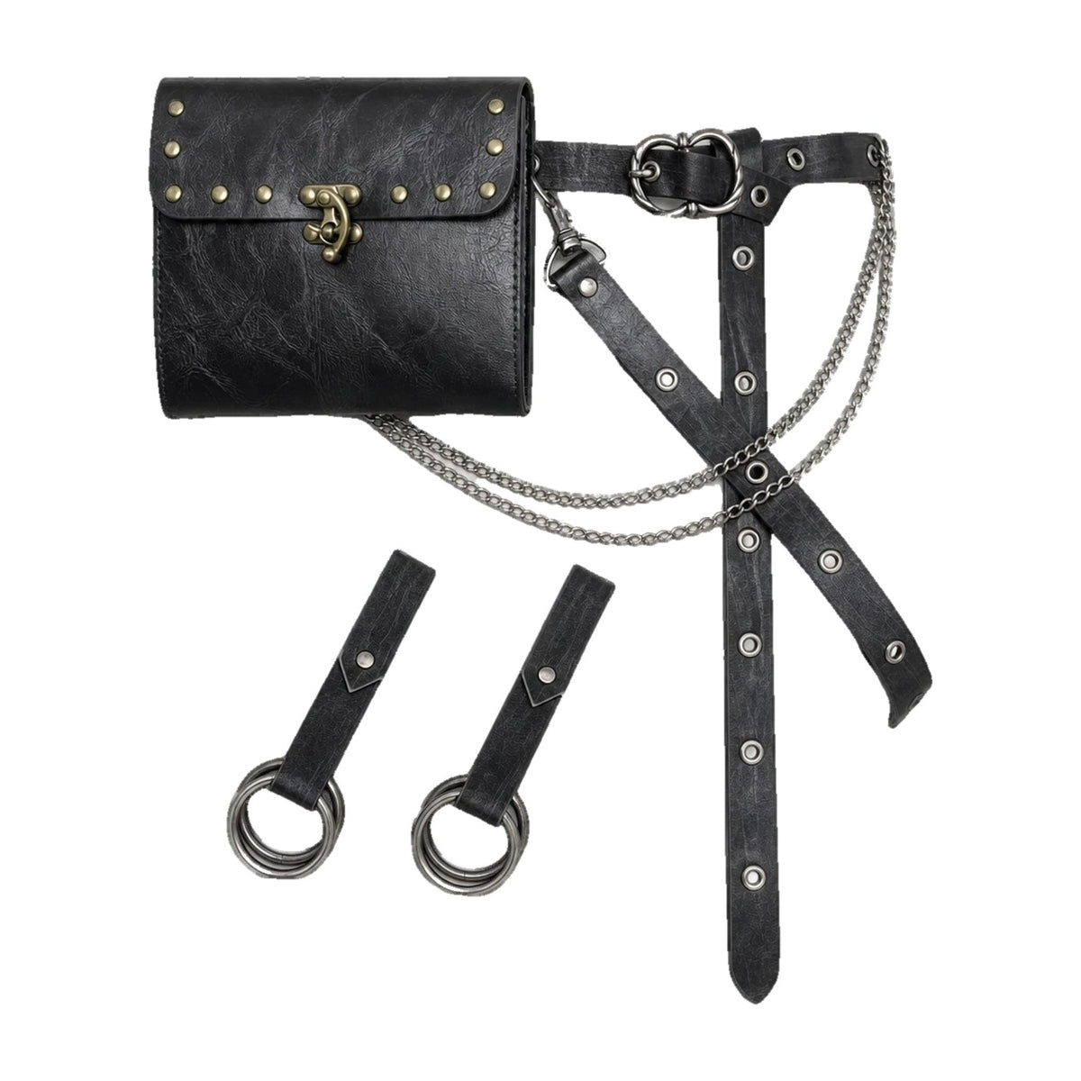 Black studded box bag belt with ring hangers
