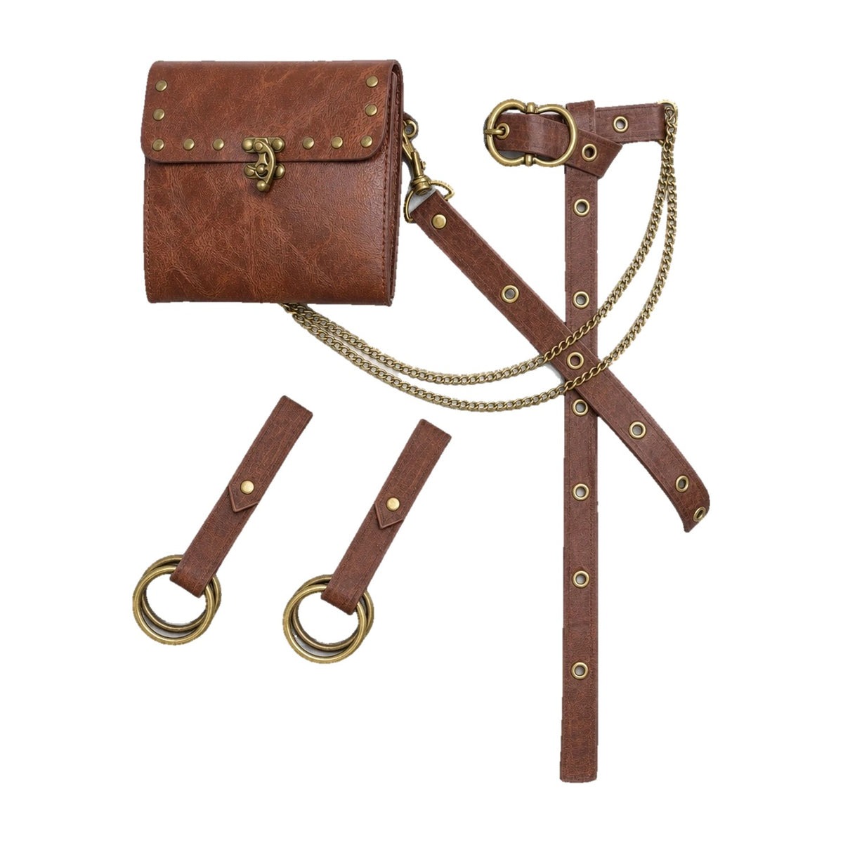 Brown studded box bag belt with ring hangers