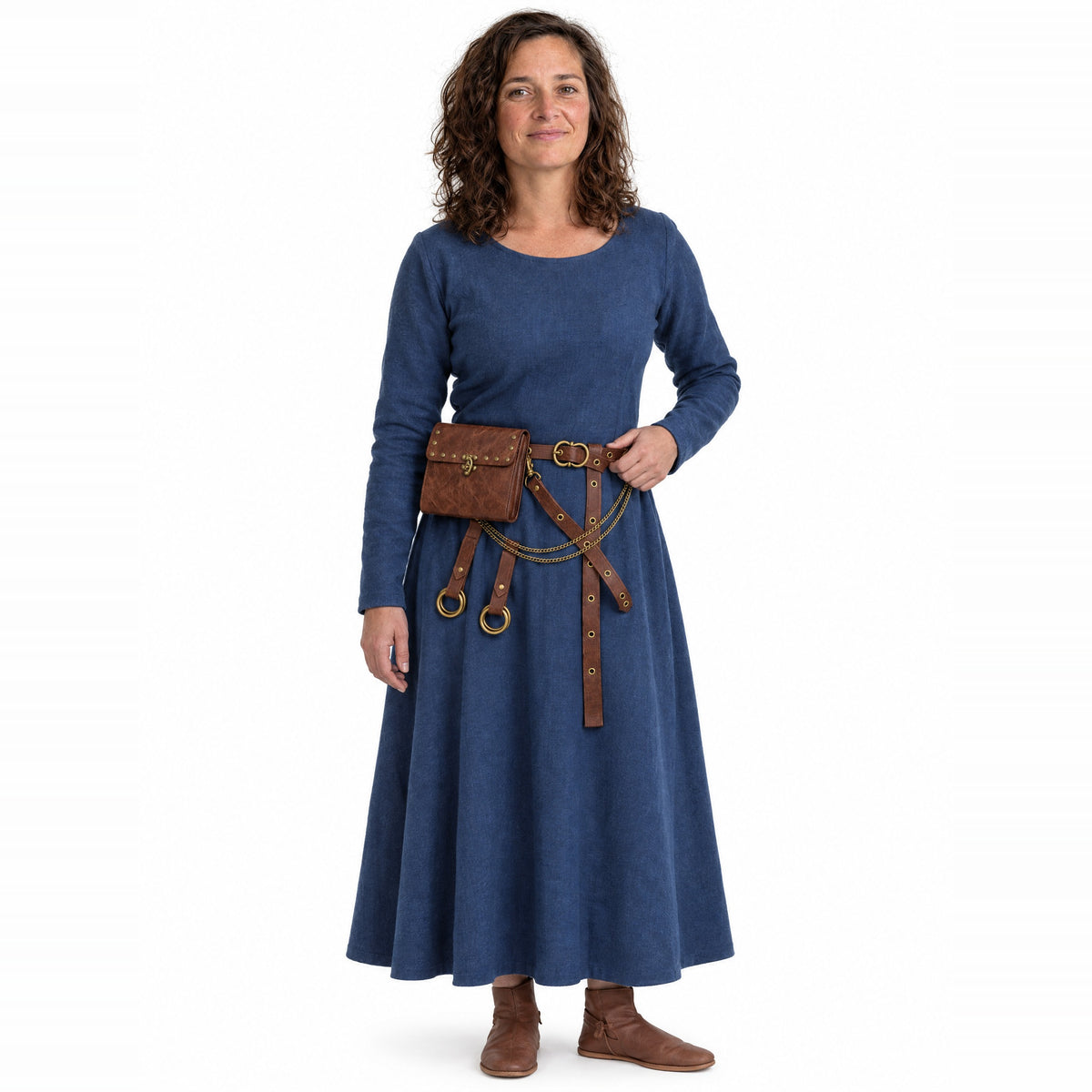 Brown studded box bag belt with ring hangers worn by a model on a white background