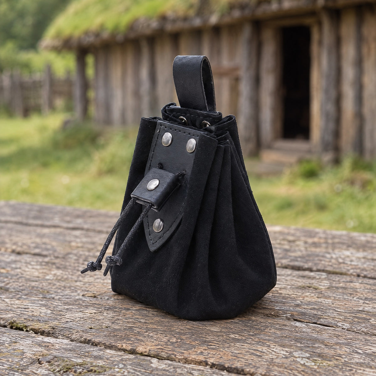 Black studded drawstring coin pouch on a rustic surface