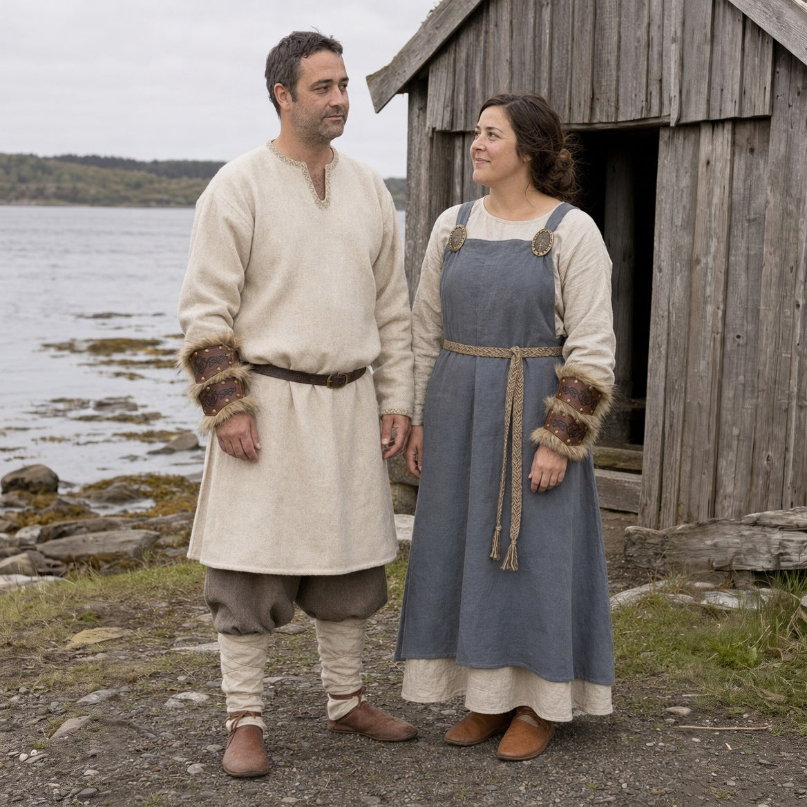 Studded fur-look bracers styled with a Viking tunic, an apron dress and belts