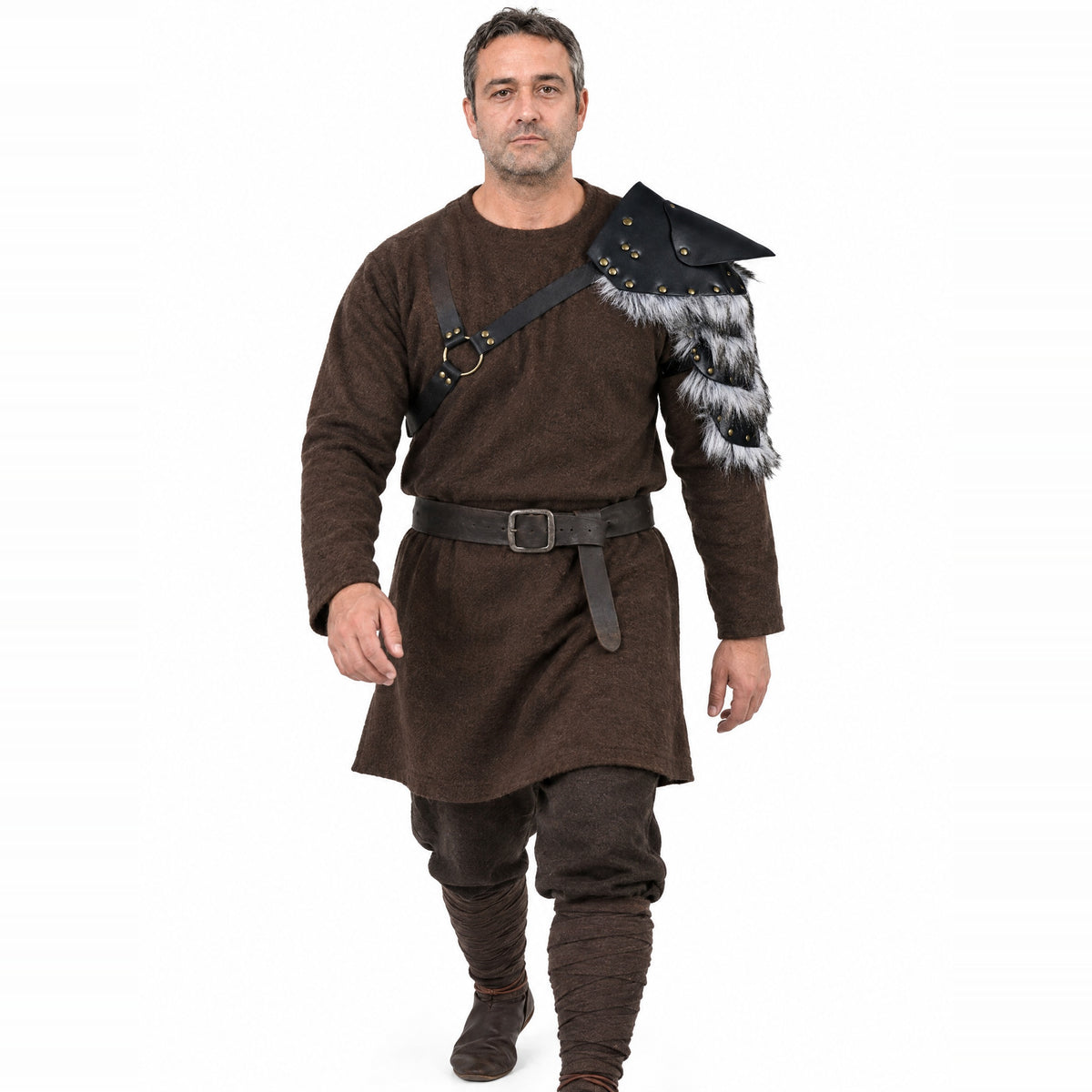 Black studded single pauldron worn by a model on a white background
