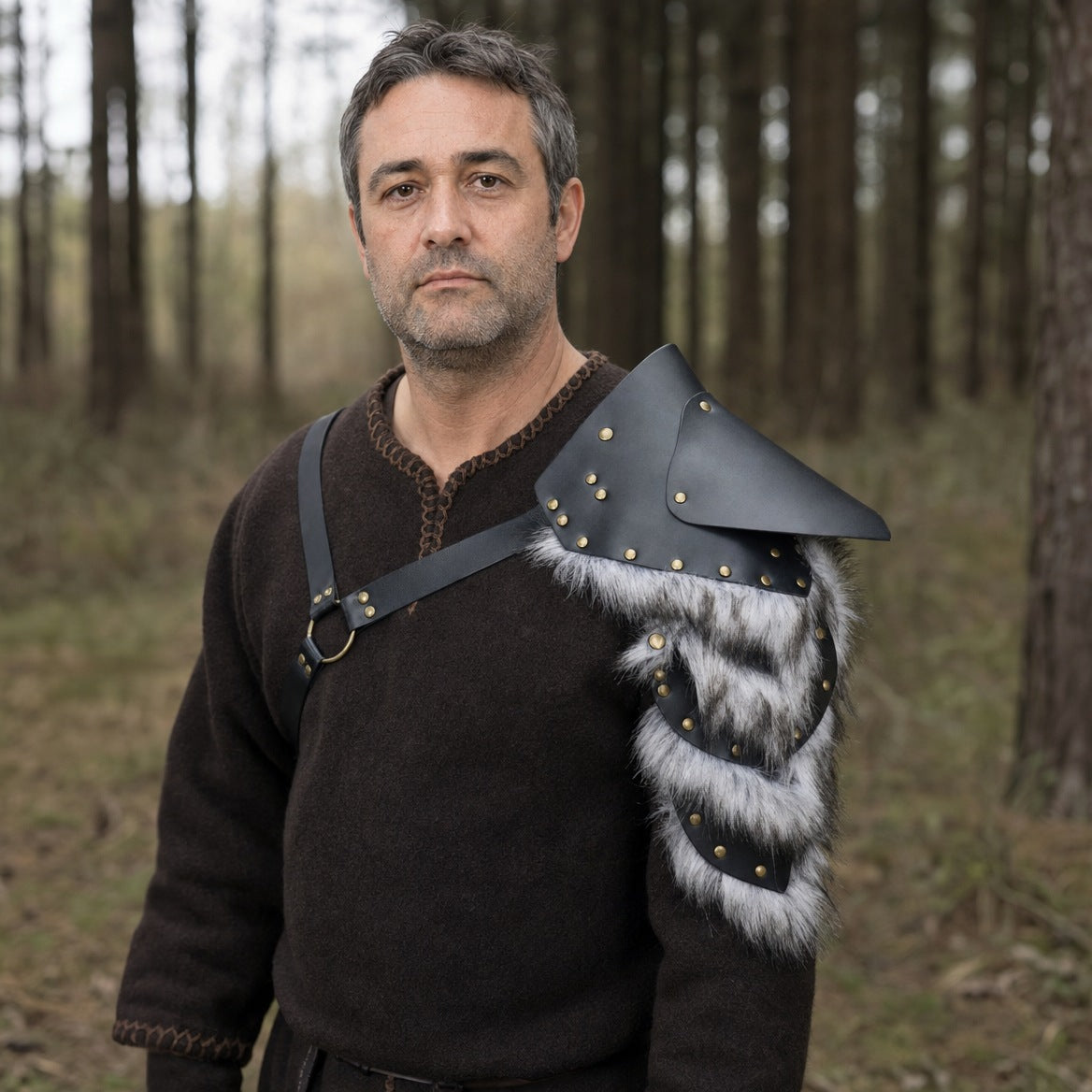 Studded pauldron on a wearer, showing how far it reaches over the shoulder and arm