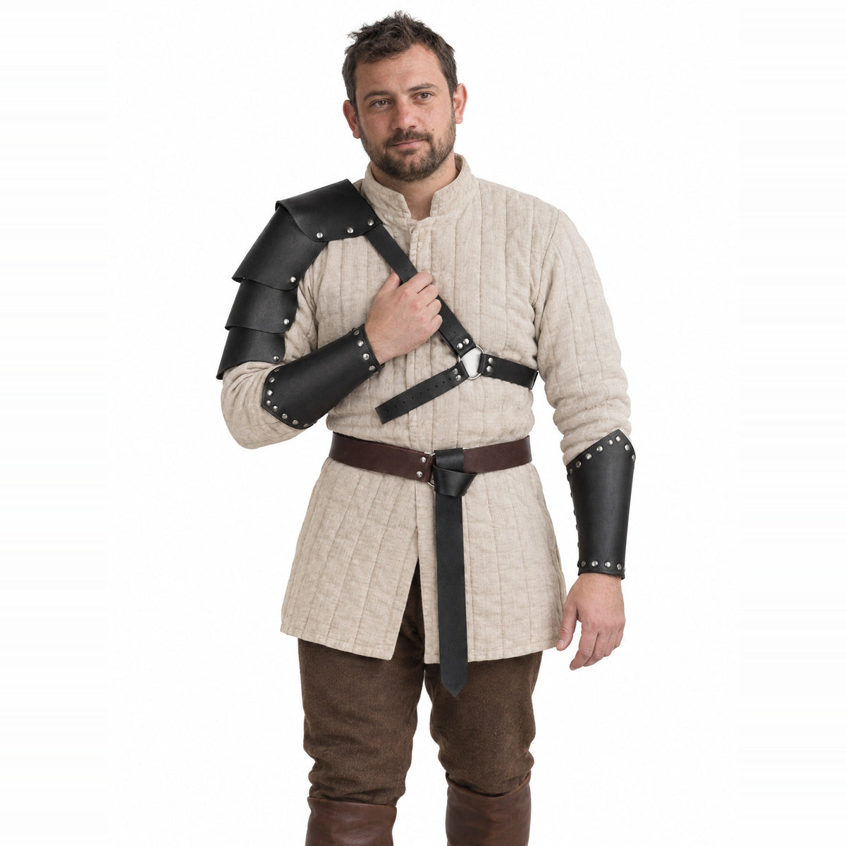 Black tall pauldron set with belt and bracers worn by a model on a white background
