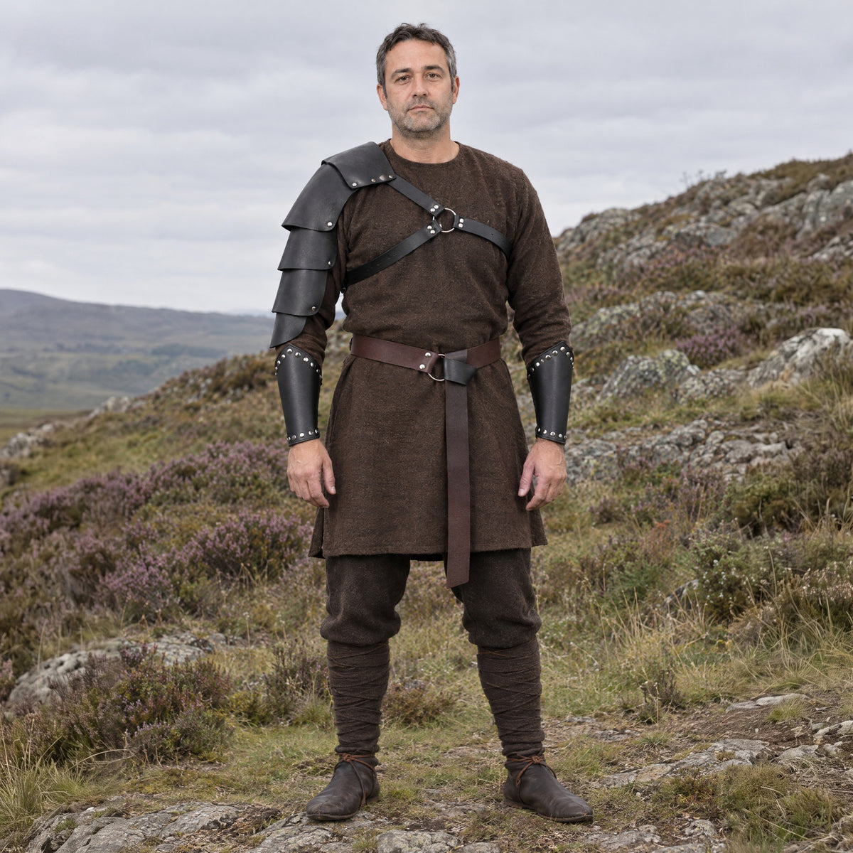 Black tall pauldron set with belt and bracers worn outdoors, full-length front view