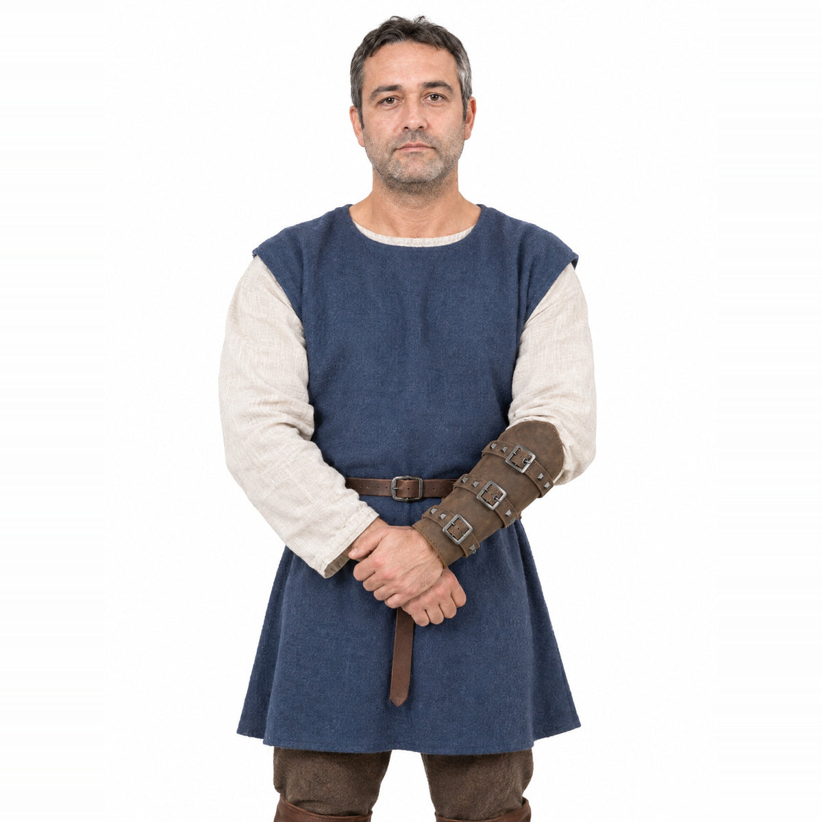 Vintage brown tall three-buckle bracer worn by a model on a white background