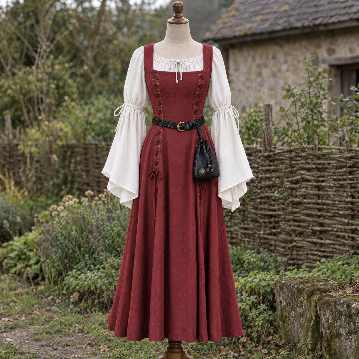 Thin Braided Leather Belt in a complete renaissance outfit, on a dress form