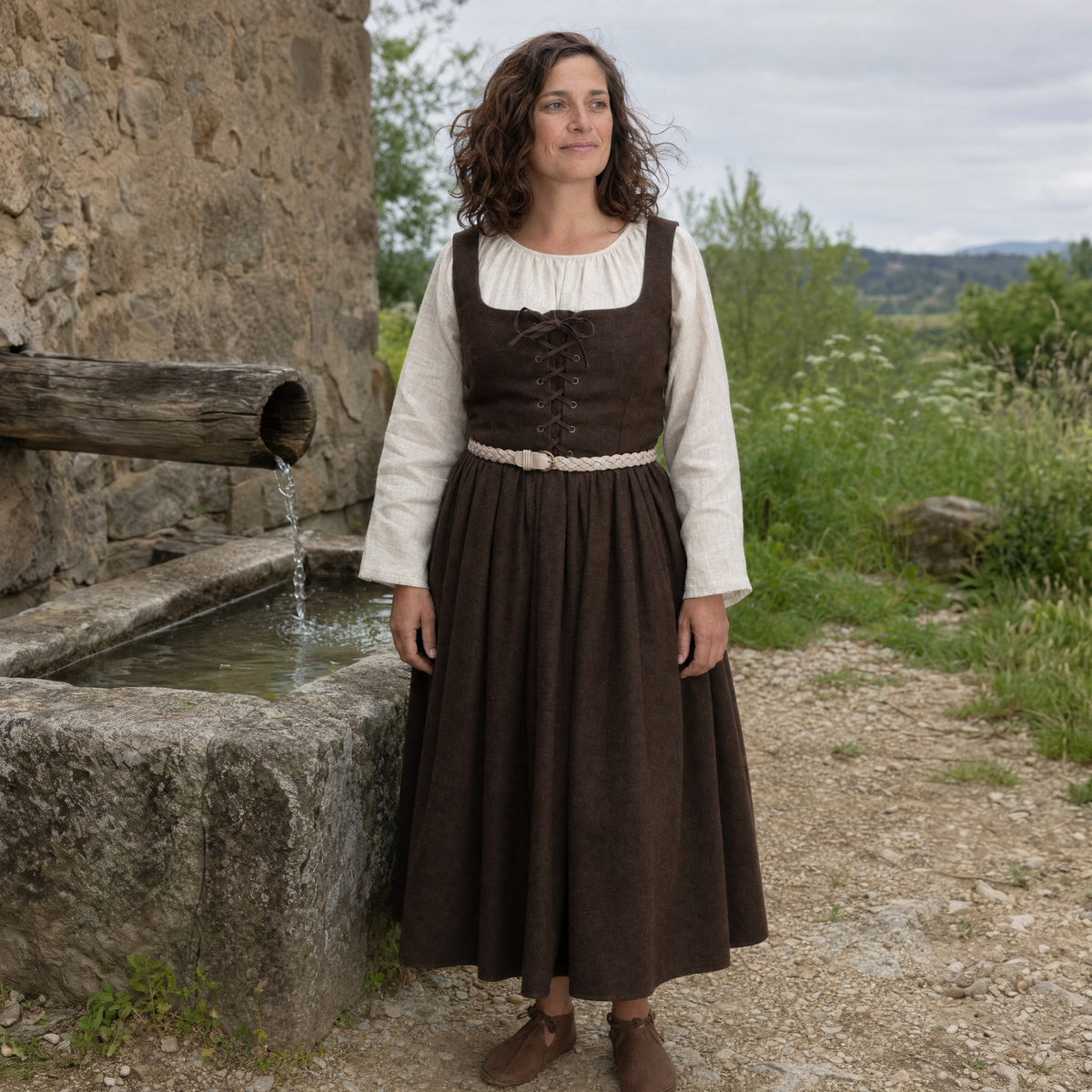 Off-White thin braided leather belt worn by a woman outdoors, full-length front view