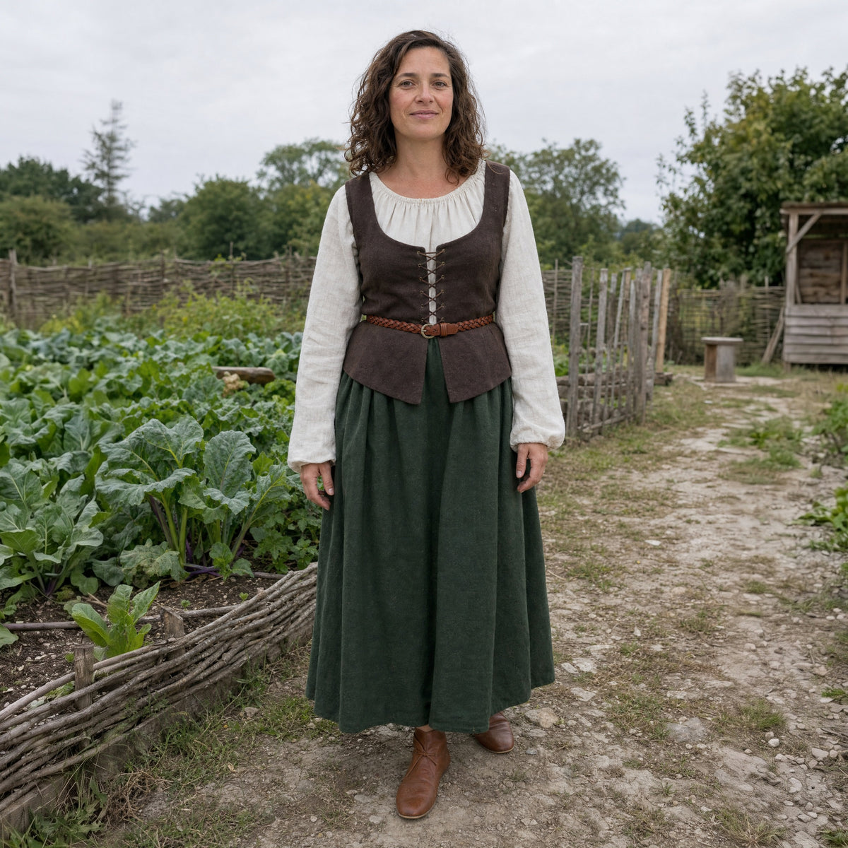 Yellow-Brown thin braided leather belt worn by a woman outdoors, full-length front view