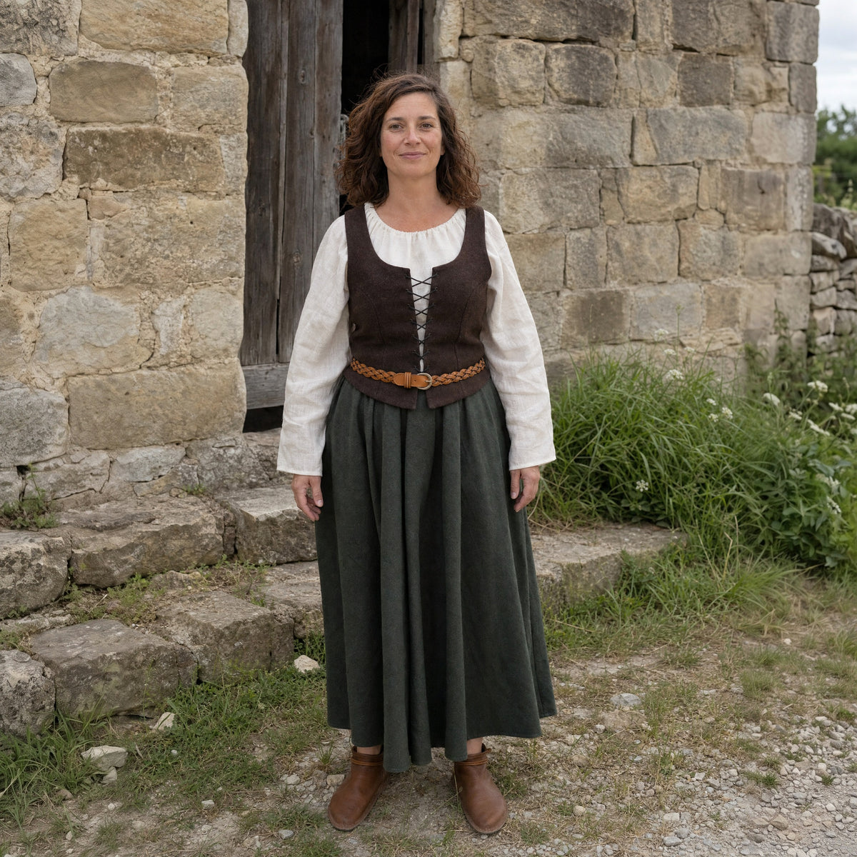 Camel thin braided leather belt worn by a woman outdoors, full-length front view