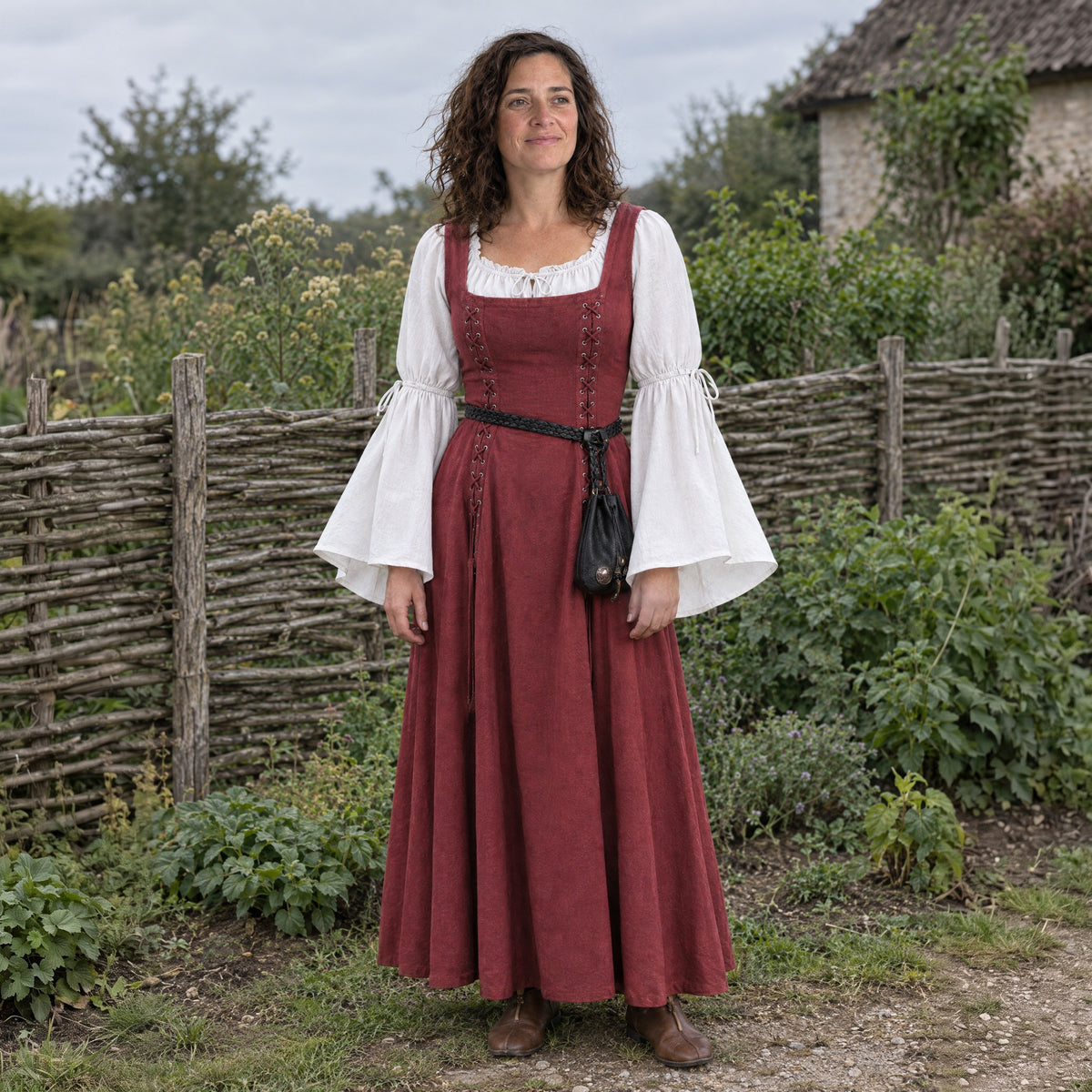 Thin Braided Leather Belt in a complete renaissance outfit, worn by a woman outdoors