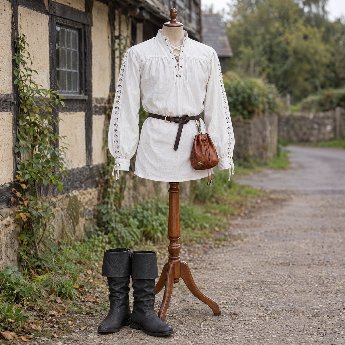 Thin Leather Ring Belt in a complete renaissance outfit, on a dress form
