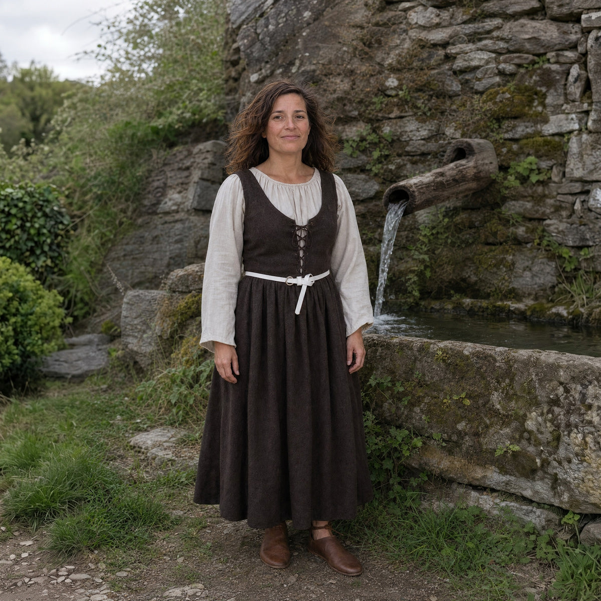 White thin leather ring belt worn by a woman outdoors, full-length front view