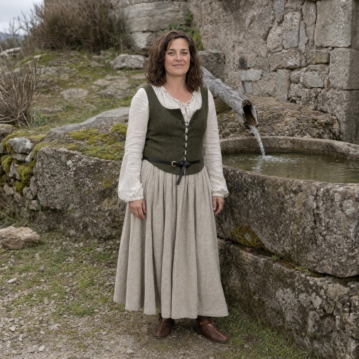 Black thin leather ring belt worn by a woman outdoors, full-length front view