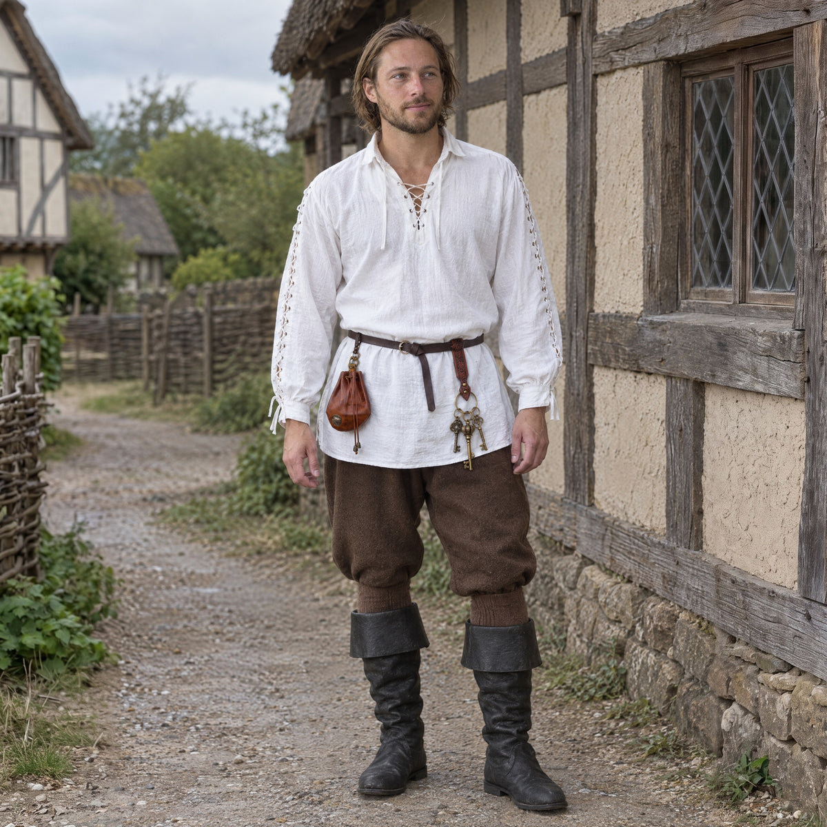 Thin Leather Ring Belt in a complete renaissance outfit, worn by a man outdoors