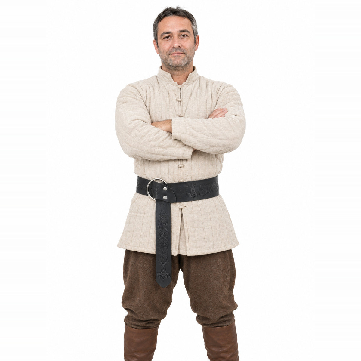 Black Thor's hammer wide ring belt worn by a model on a white background