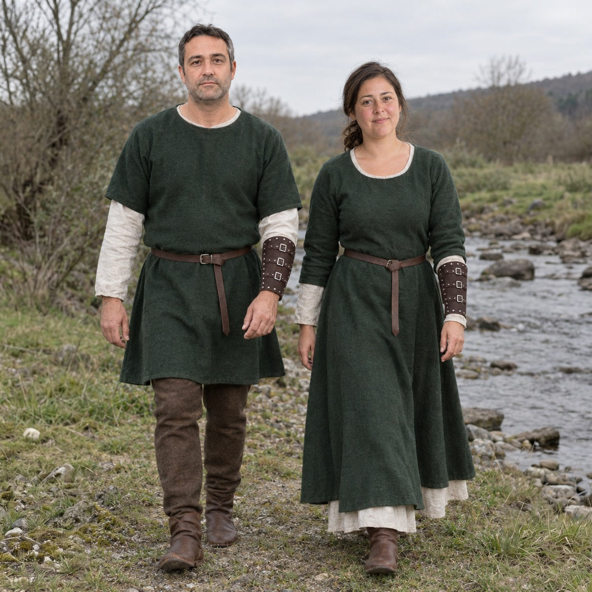 Coffee three-buckle bracers worn by a man and a woman outdoors
