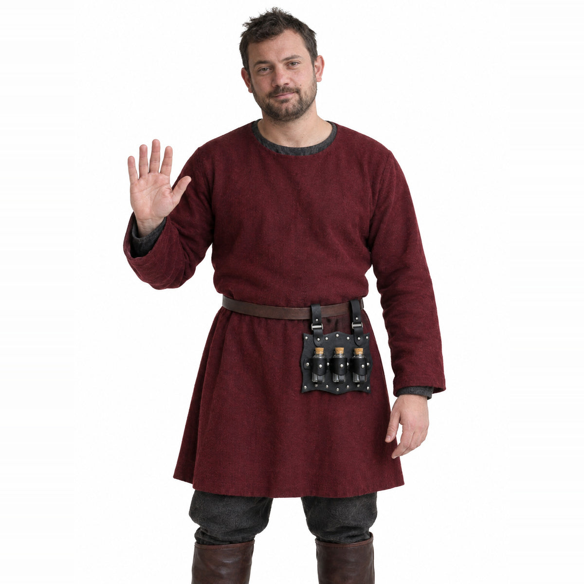 Black three-vial potion belt holder worn by a model on a white background