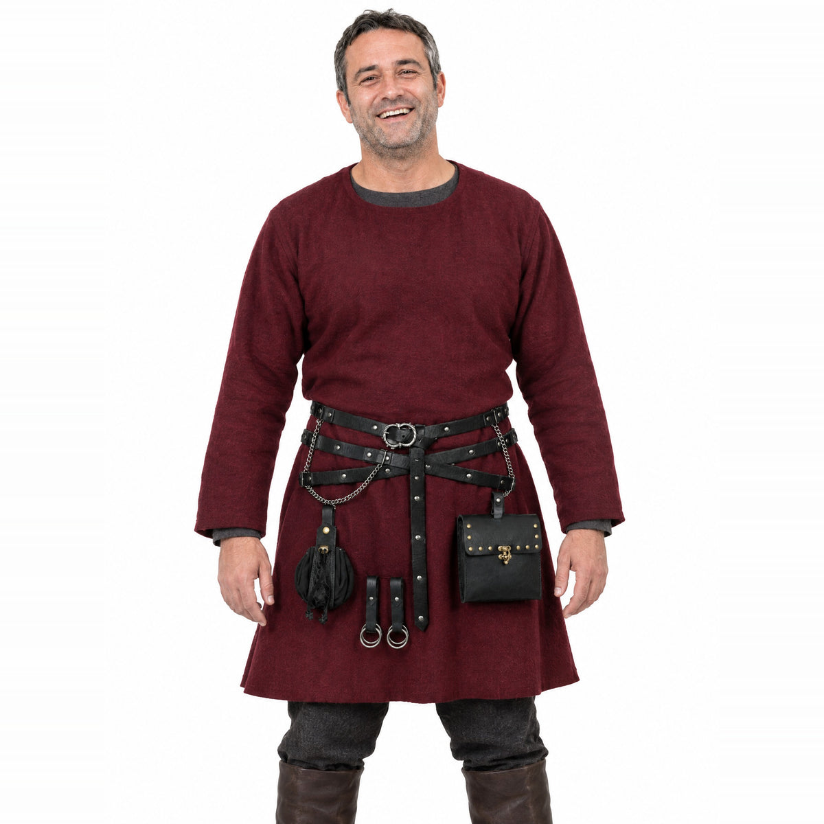 Black triple-strap belt with bag and pouch worn by a model on a white background