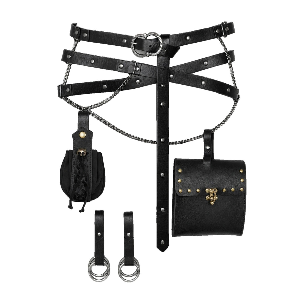 Black triple-strap belt with bag and pouch