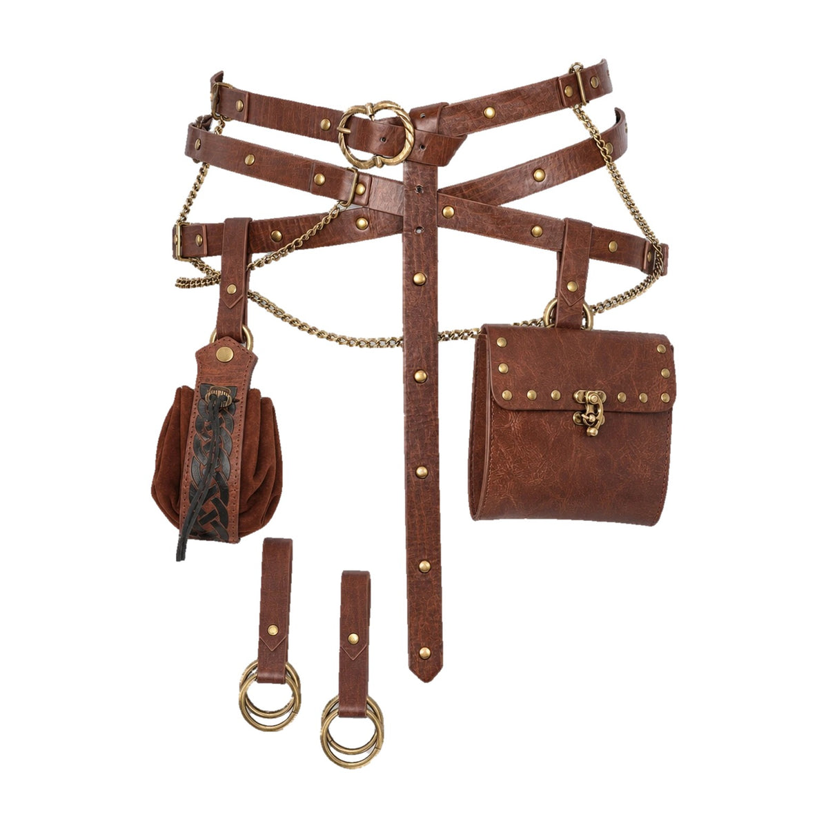 Brown triple-strap belt with bag and pouch