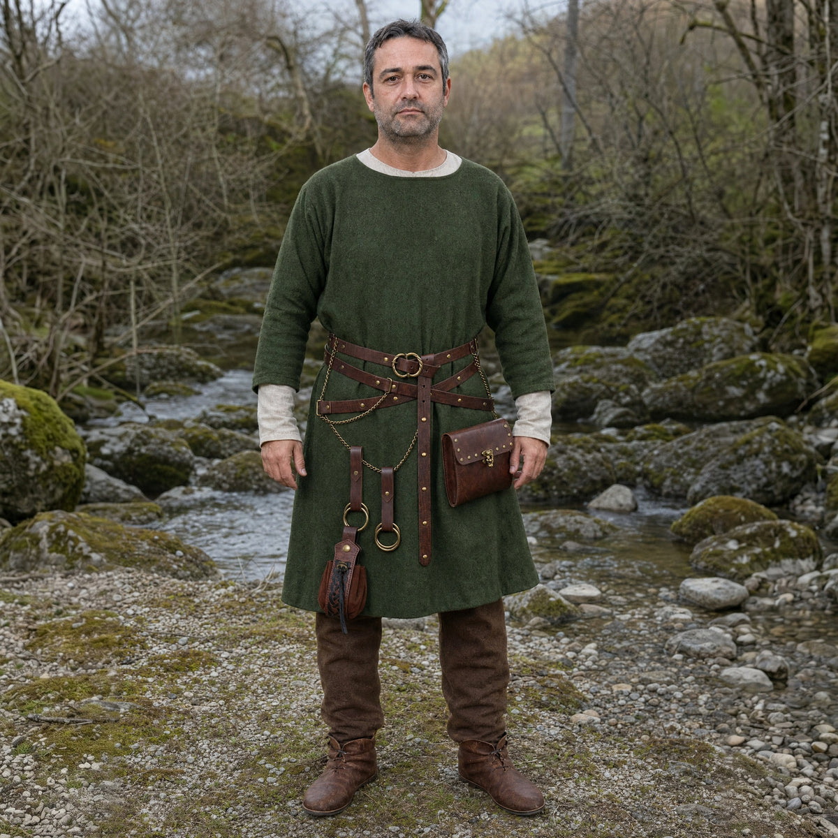 Brown triple-strap belt with bag and pouch worn outdoors, full-length front view