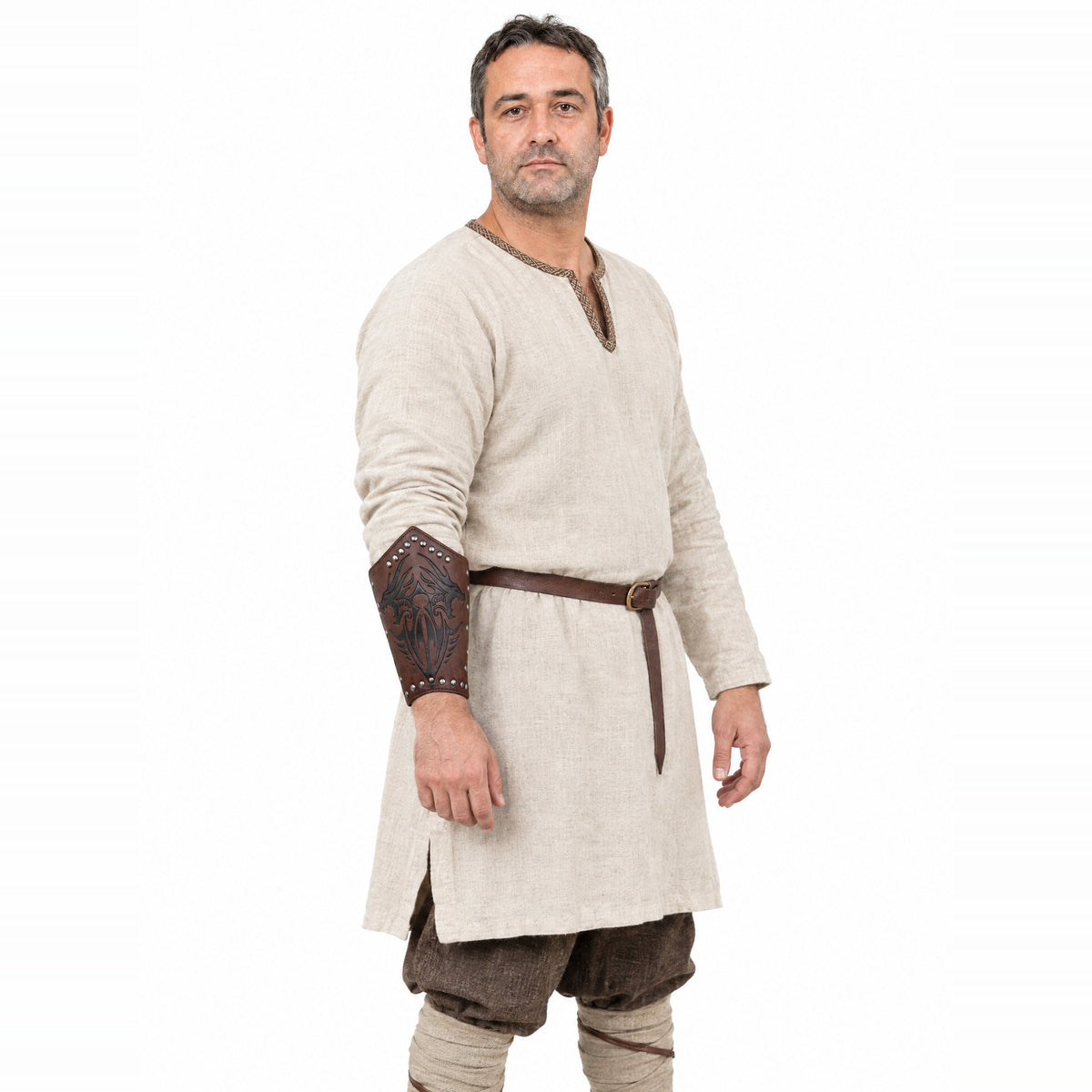 Brown twin dragon bracer worn by a model on a white background