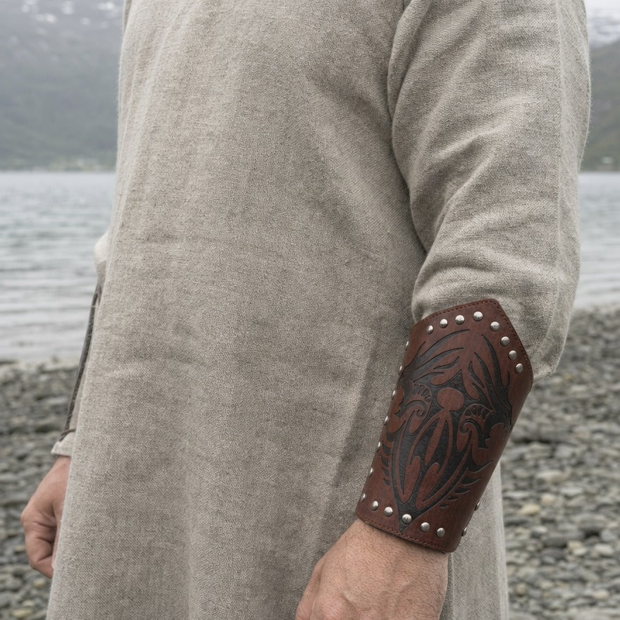 Twin dragon bracer on a forearm, showing the 21.5 cm length from wrist towards elbow