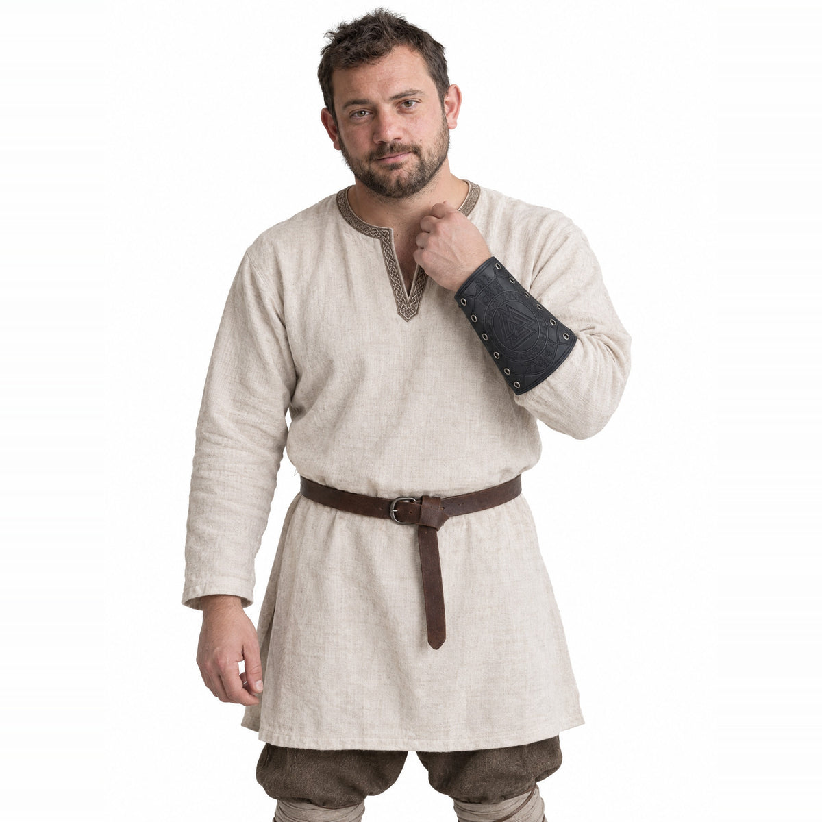 Black Valknut bracer worn by a model on a white background
