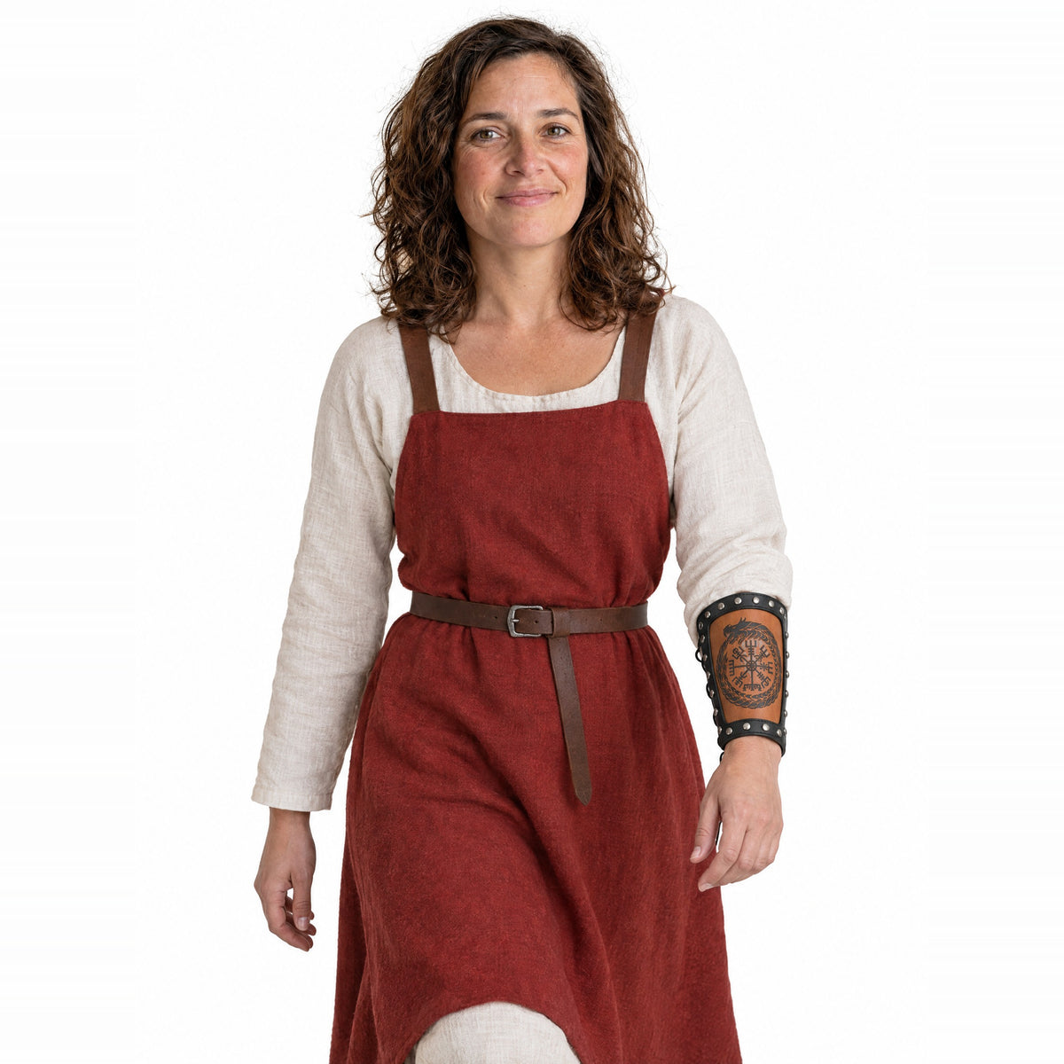 Black & brown Vegvisir bracer worn by a model on a white background
