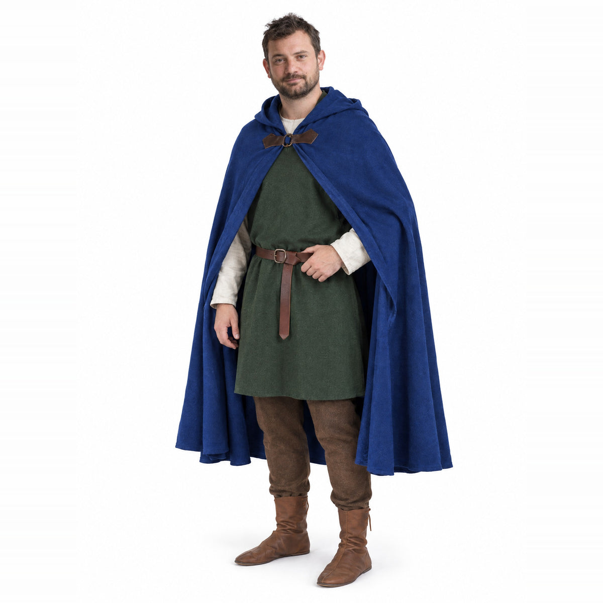 Blue velvet hooded cloak worn by a model on a white background