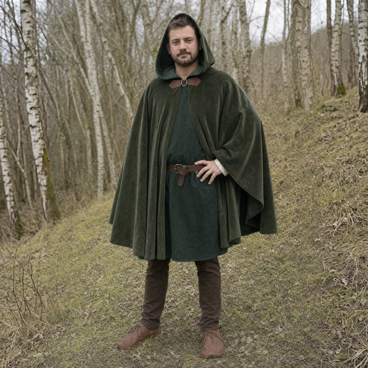 Army Green velvet hooded cloak worn outdoors, full-length front view