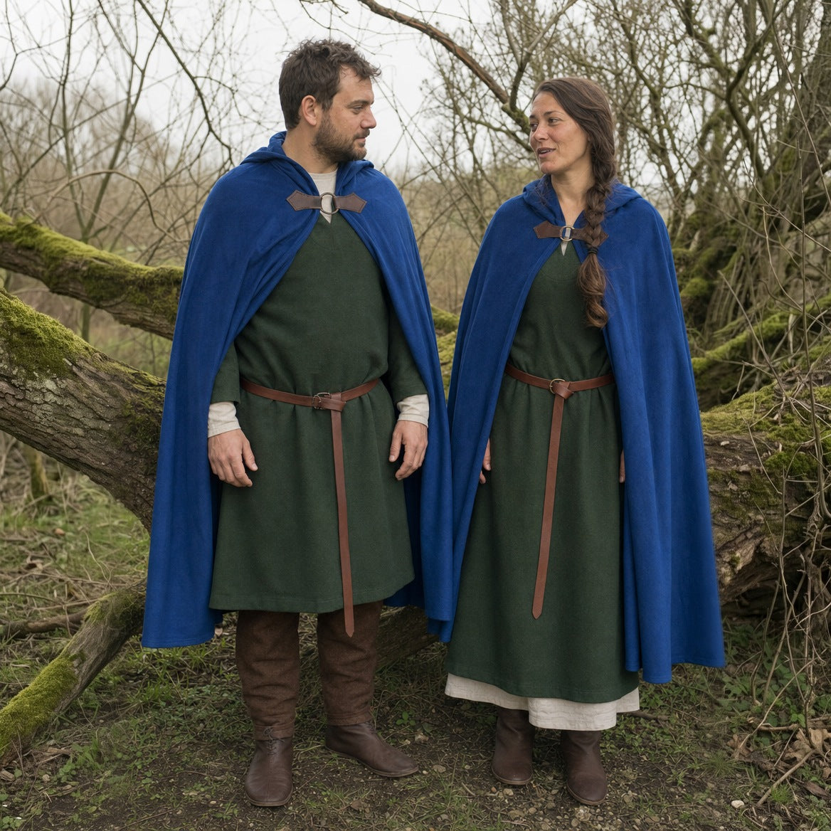 Velvet hooded cloak styled over a medieval tunic and boots