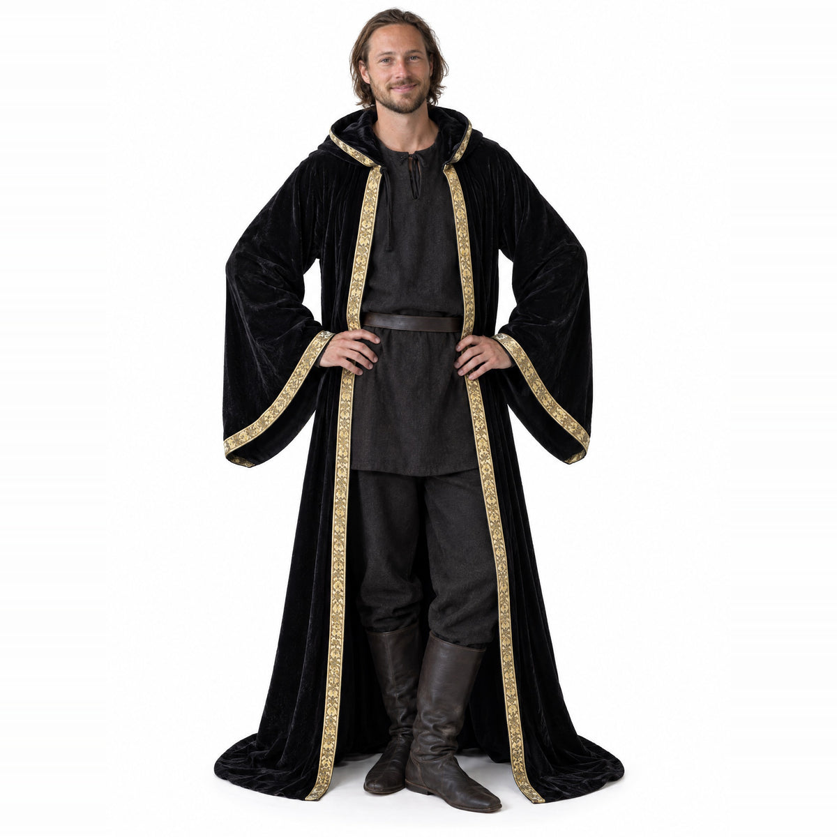 Black velvet hooded robe with printed trim worn by a model on a white background