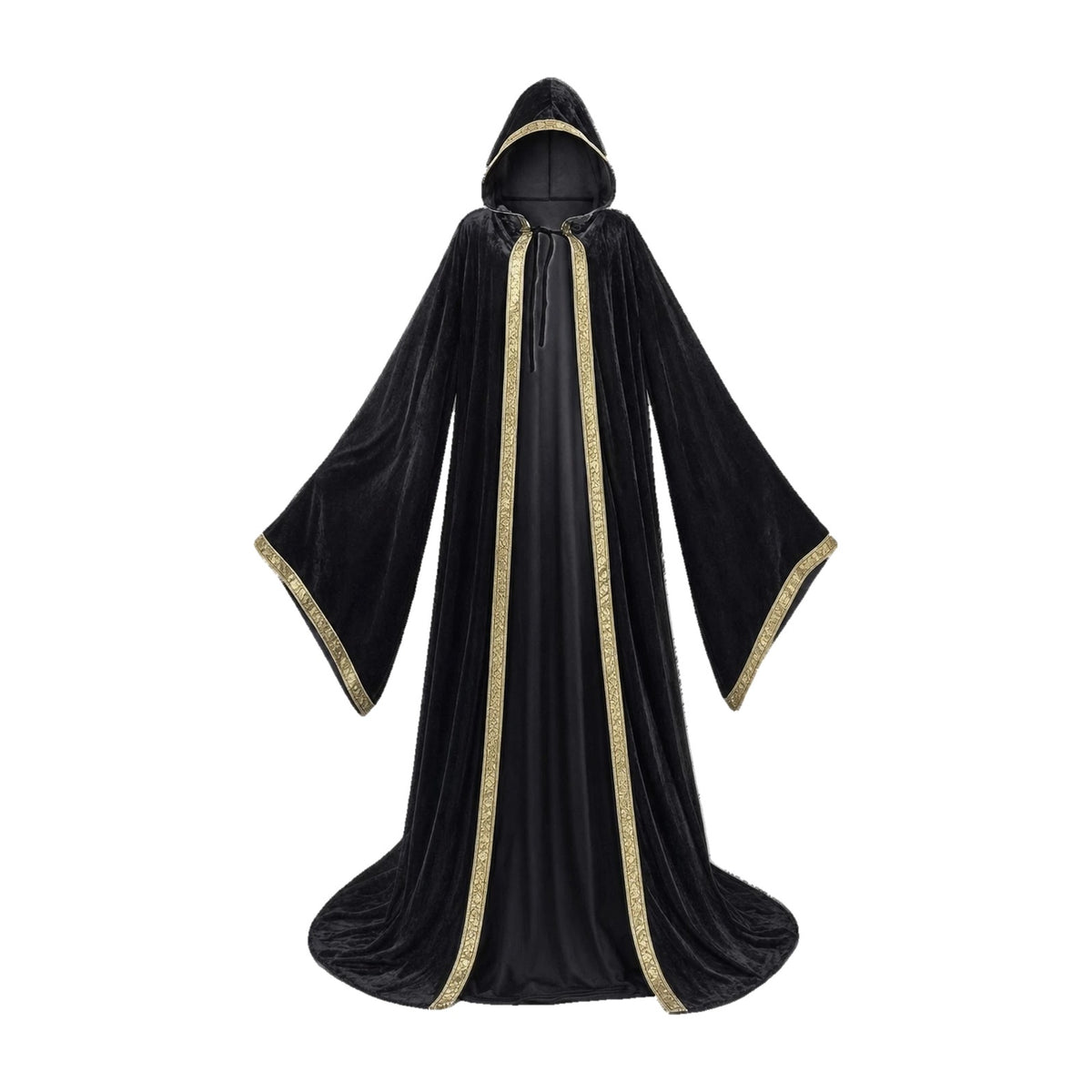 Black velvet hooded robe with printed trim