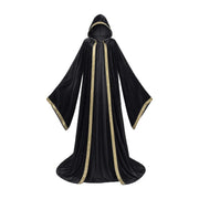 Black velvet hooded robe with printed trim