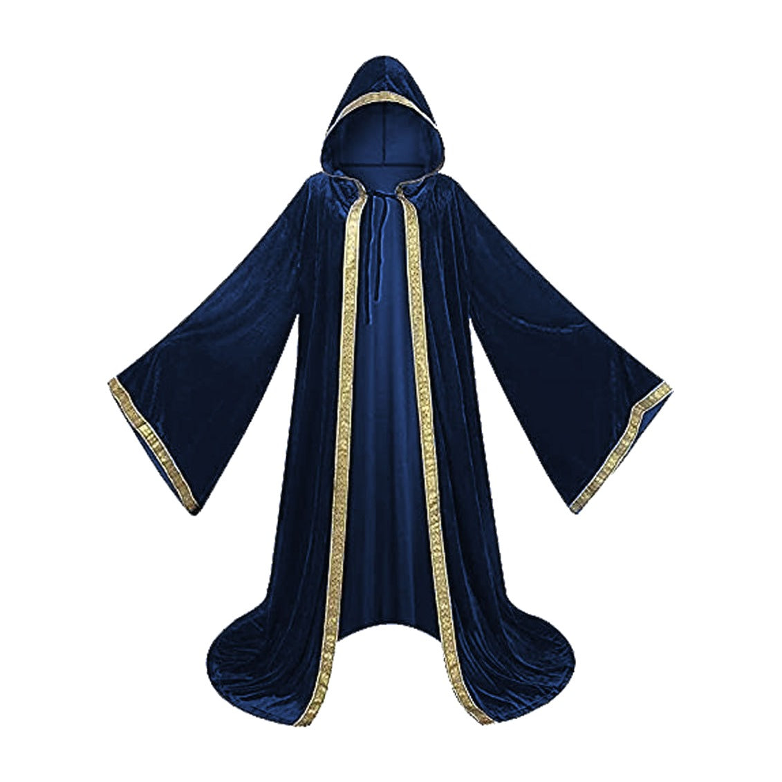 Blue velvet hooded robe with printed trim