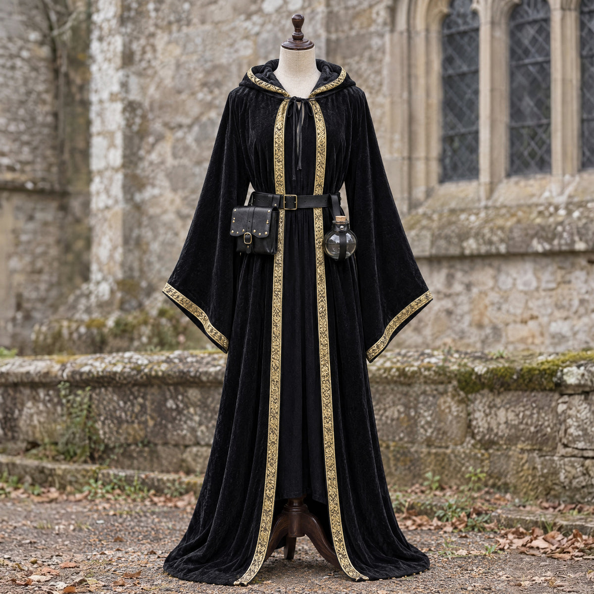 Velvet Hooded Robe with Printed Trim in a complete gothic outfit, on a dress form