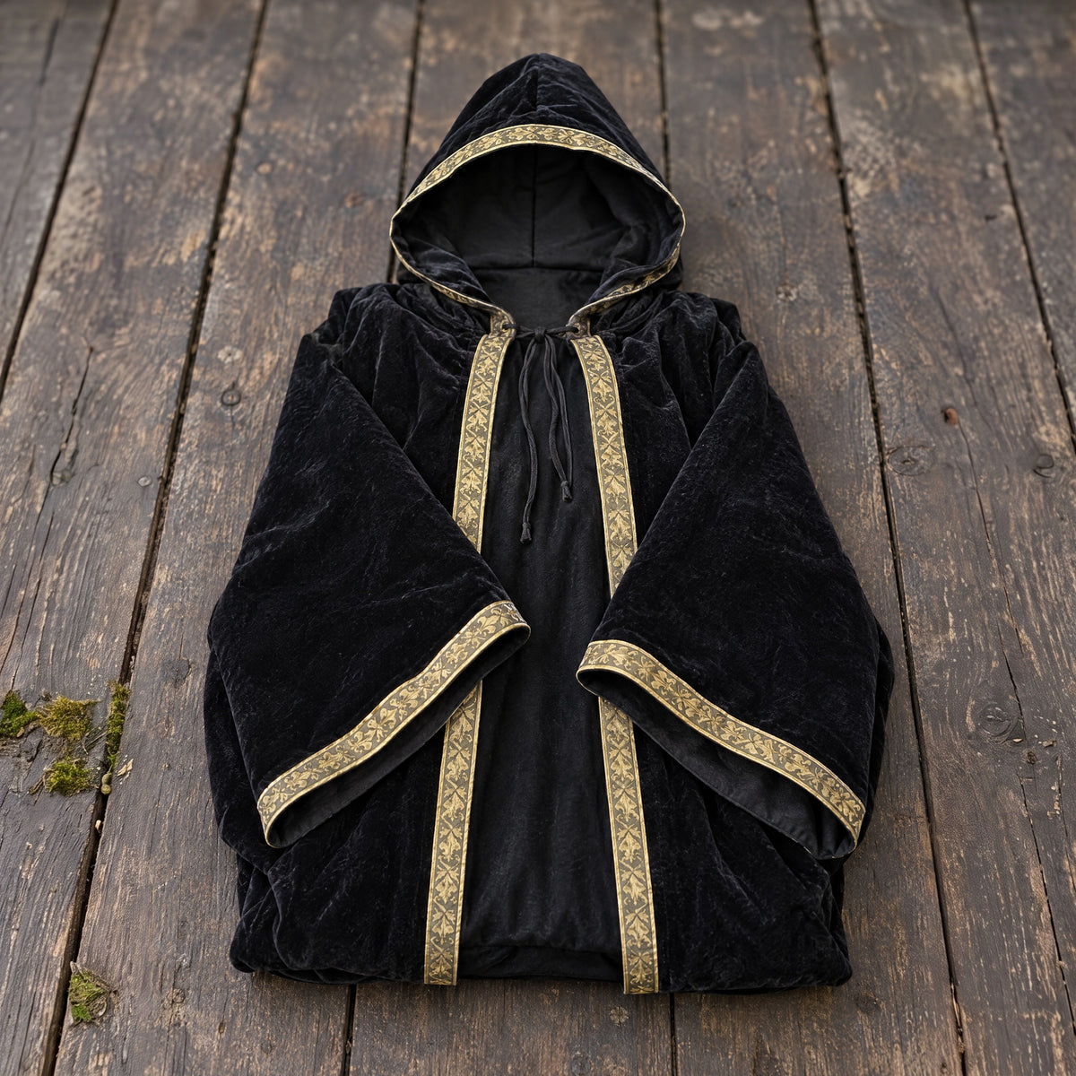 Black velvet hooded robe with printed trim on a rustic surface