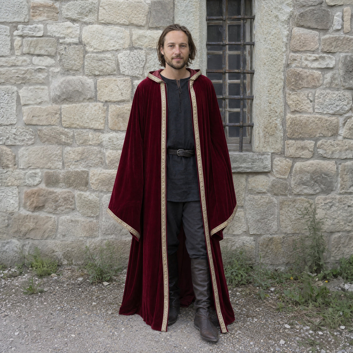 Wine Red velvet hooded robe with printed trim worn outdoors, full-length front view