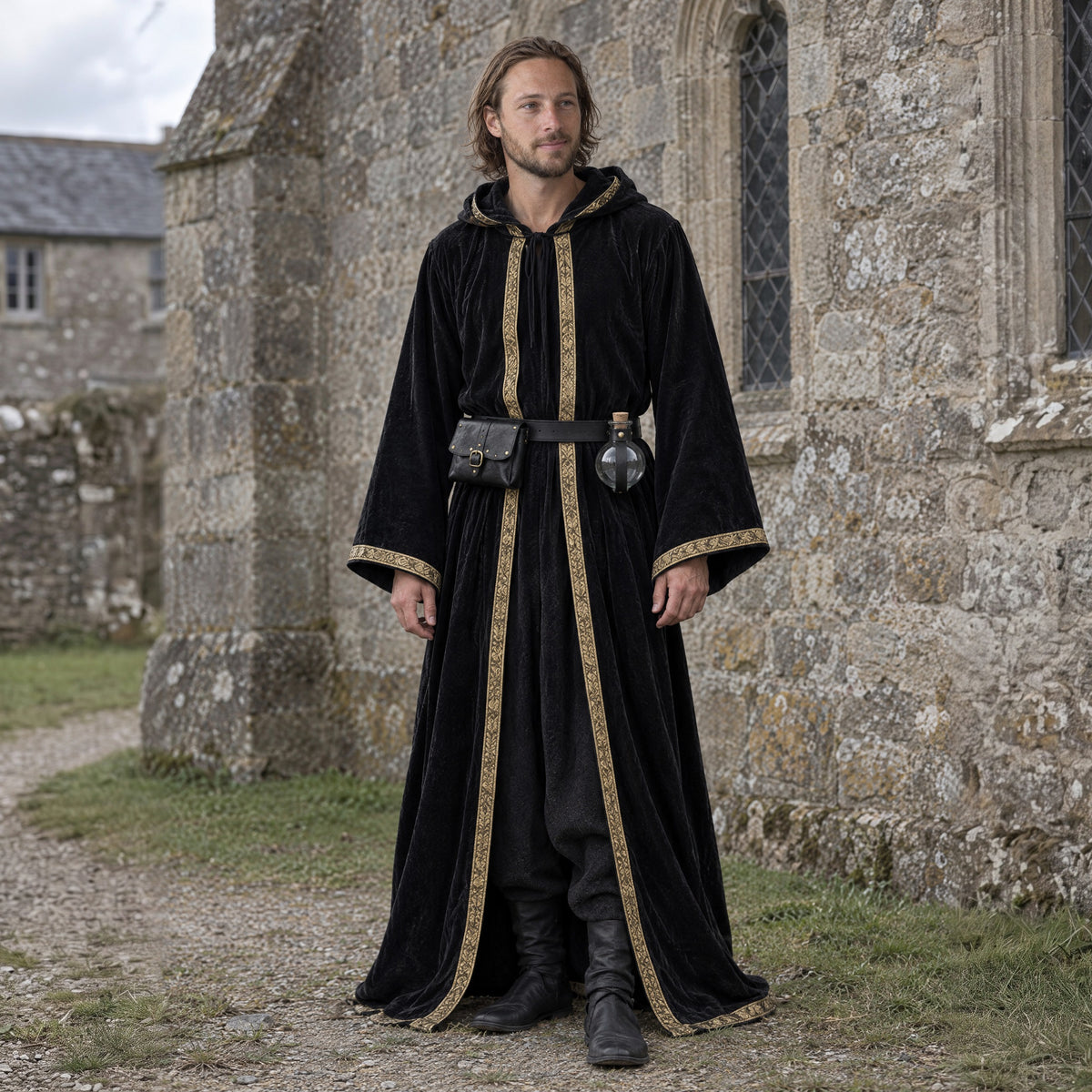 Velvet Hooded Robe with Printed Trim in a complete gothic outfit, worn by a man outdoors