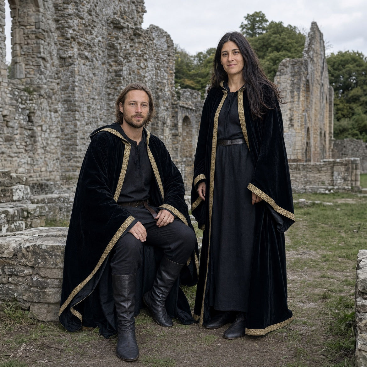 Velvet hooded robe styled with a cord belt and boots