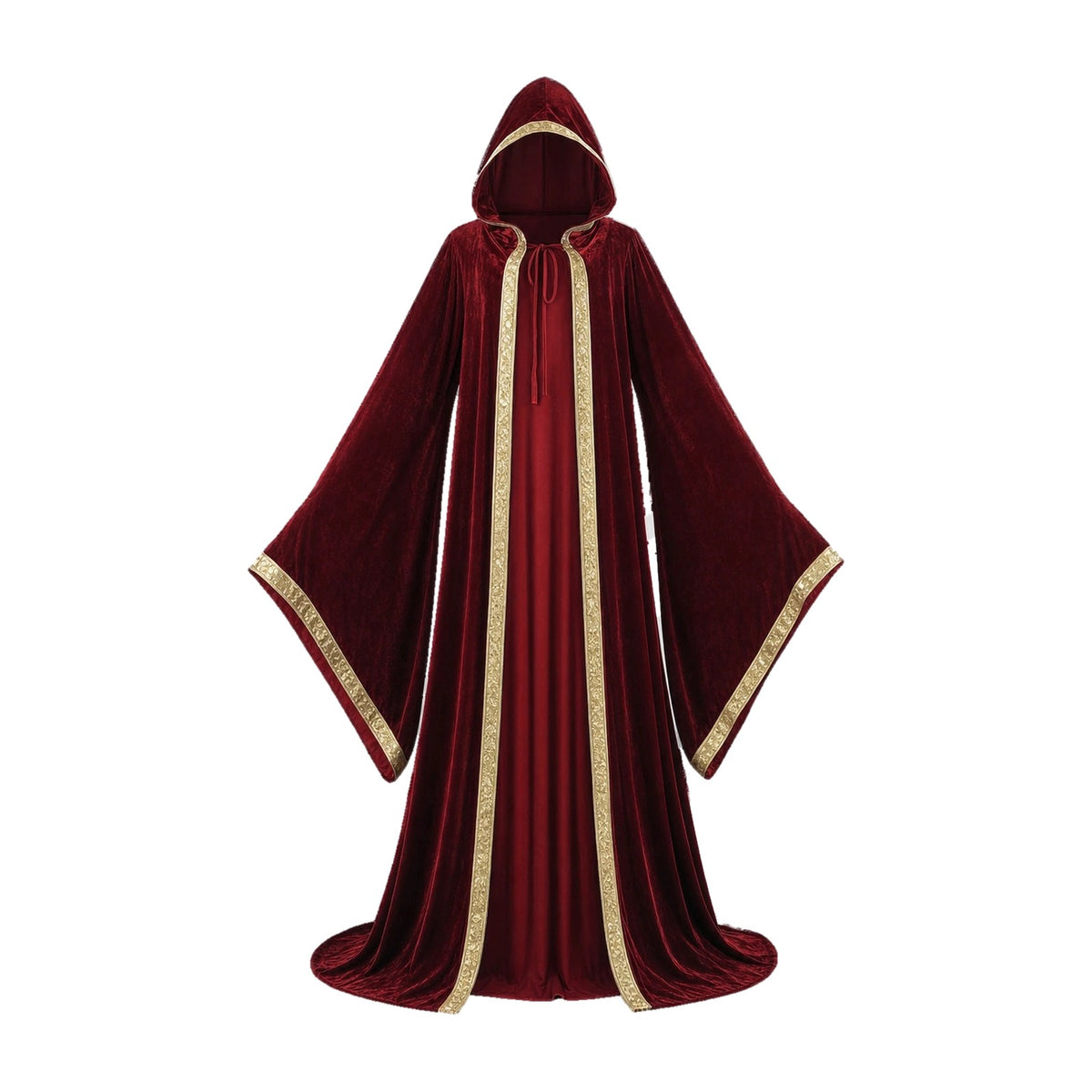 Wine red velvet hooded robe with printed trim