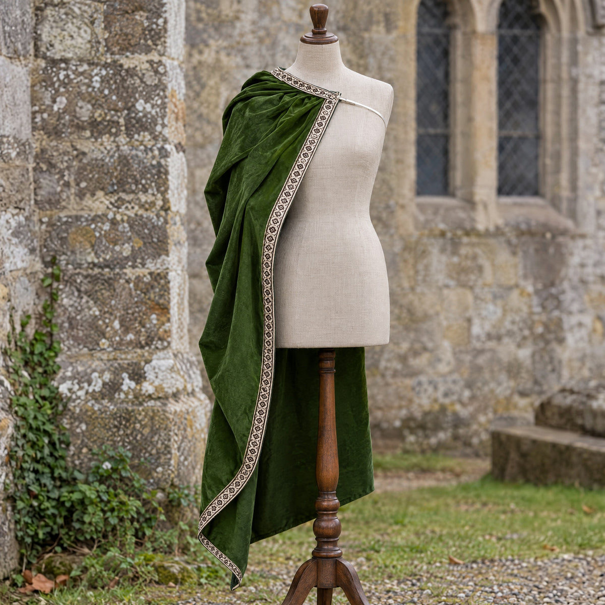 Green velvet one-shoulder cape on a dress form outdoors