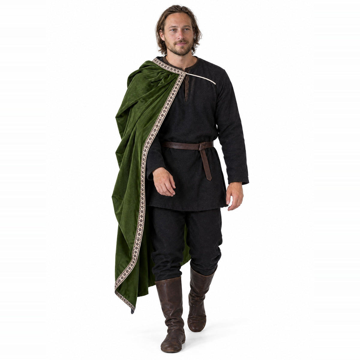 Green velvet one-shoulder cape worn by a model on a white background