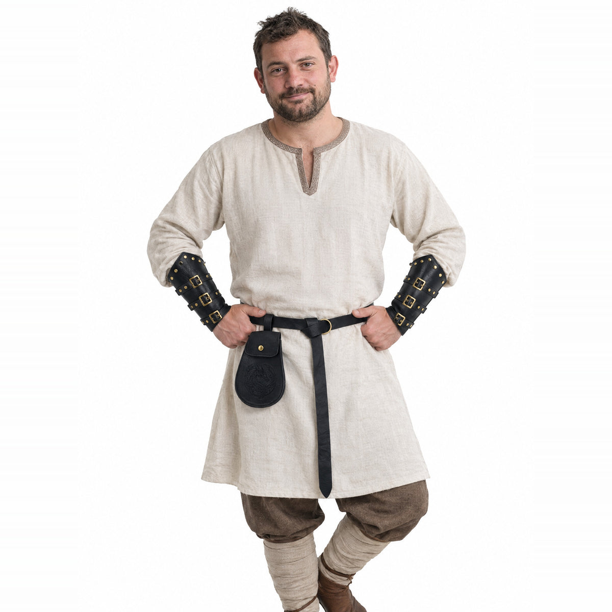 Black Viking belt, pouch and bracers set worn by a model on a white background